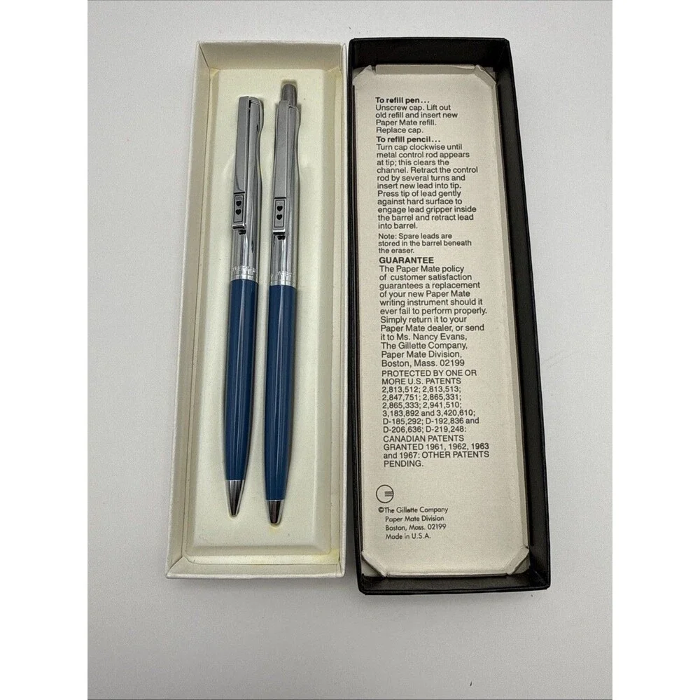 Vintage Paper Mate Ballpoint Pen & Mechanical Pencil Set Blue/ Chrome
